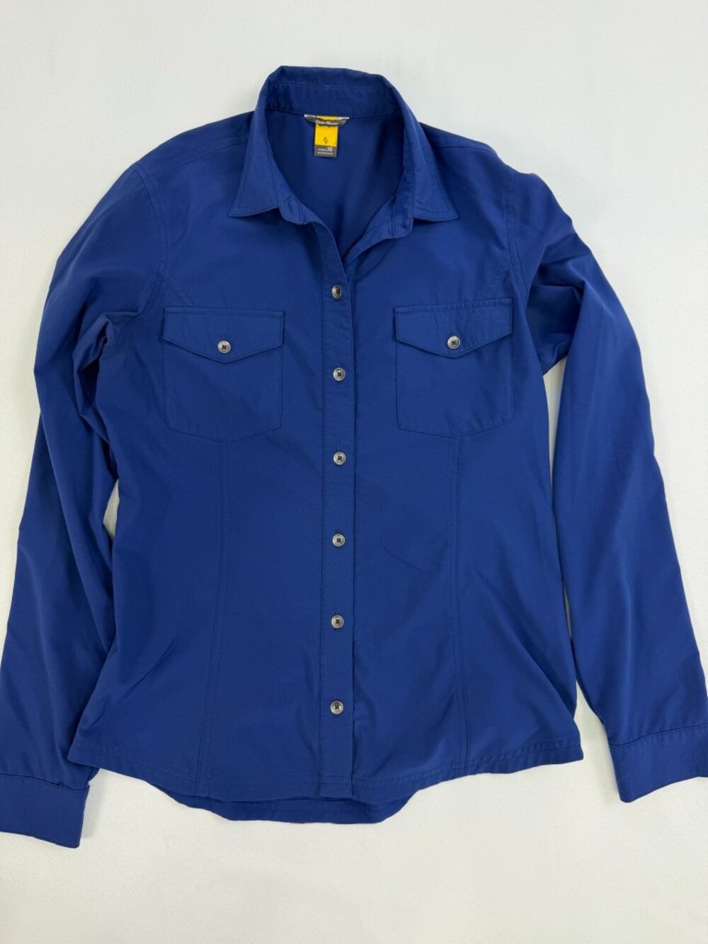 Eddie Bauer Motion Performance Stretch Button Shirt Womens XS Cobalt Blue Hiking